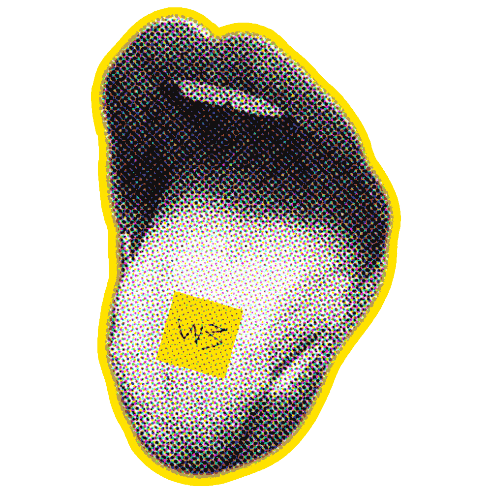Gerasterter und animierter Mund mit herausgestreckter Zunge und Walking Brands-Logo auf einem Papierstück darauf